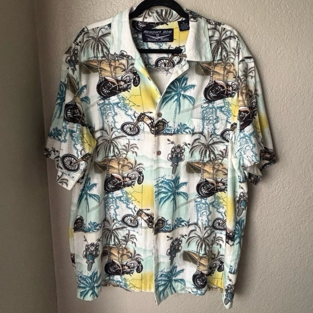 Mens Newport‎ Blue Motorcycle American Traditions Hawaiian Shirt Size X-Large